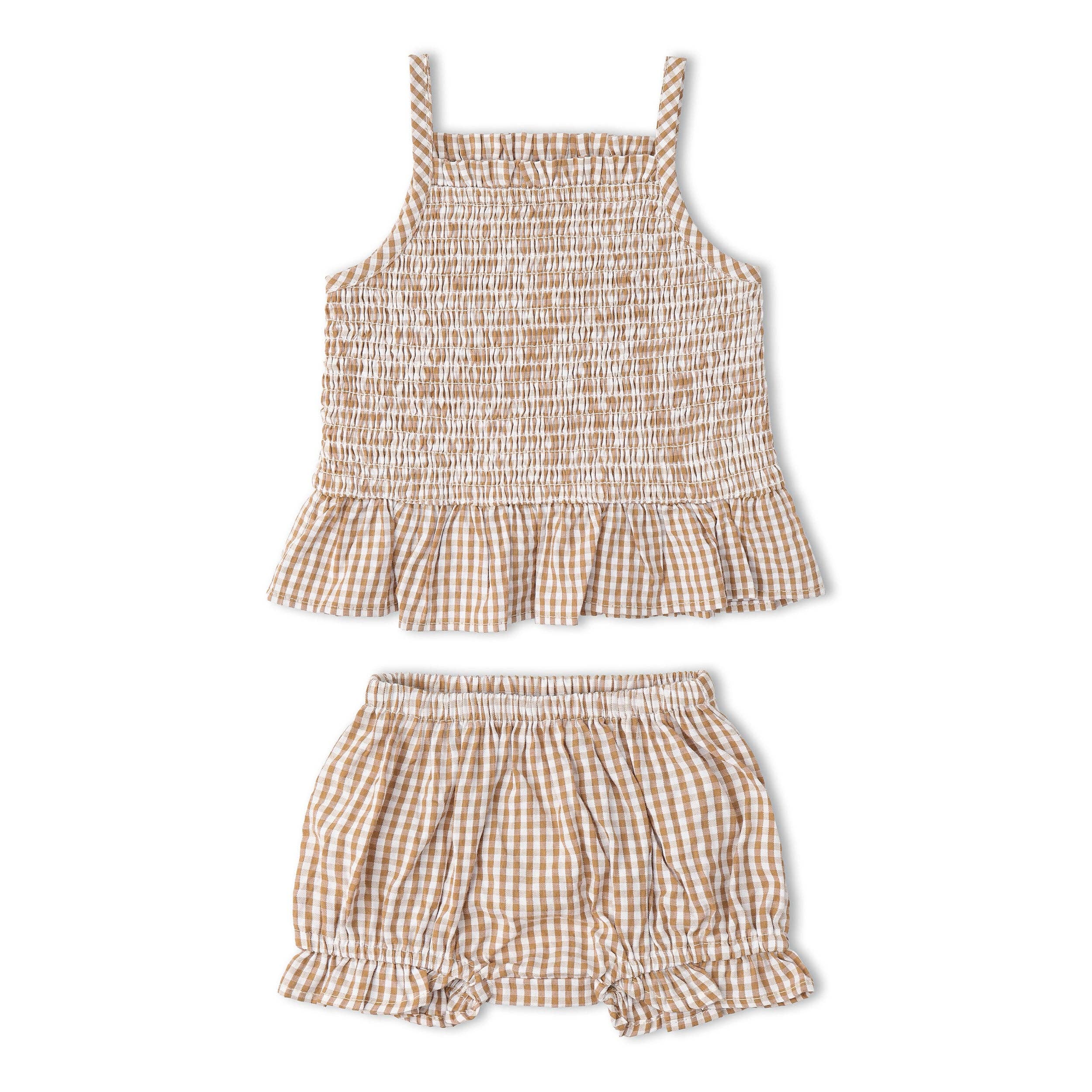 Organic Smocked Top And Bloomer Set - Caramel Check