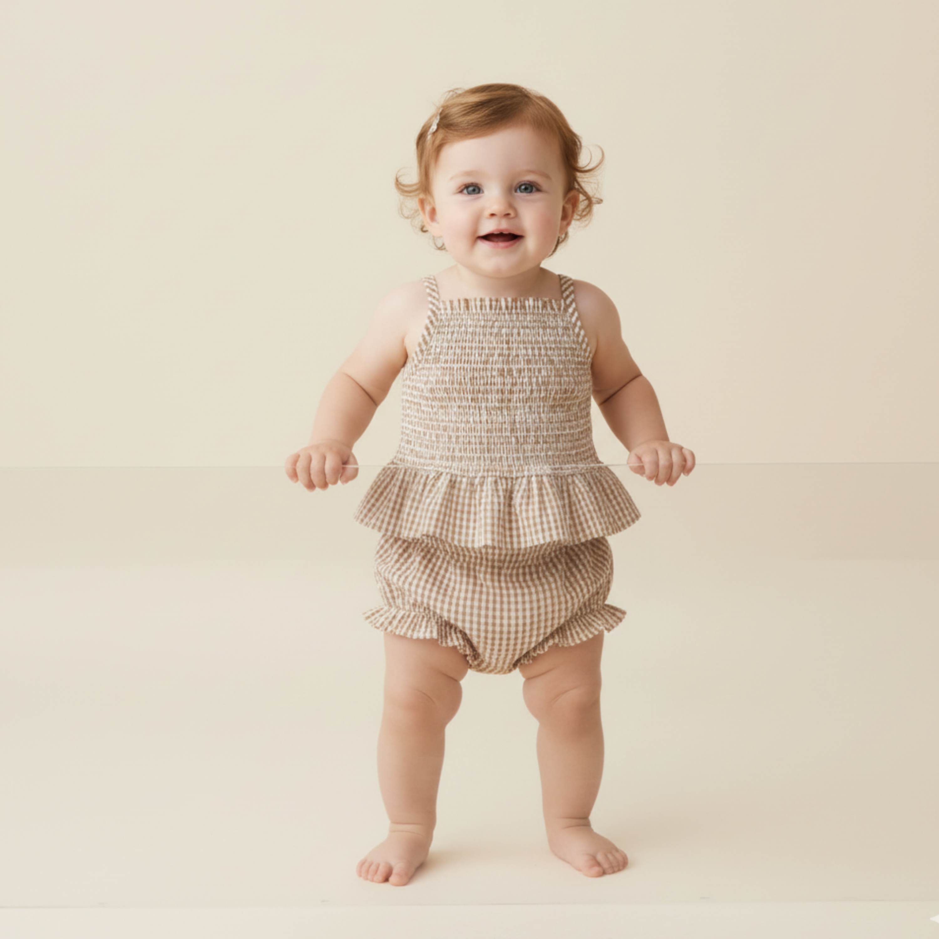 Organic Smocked Top And Bloomer Set - Caramel Check