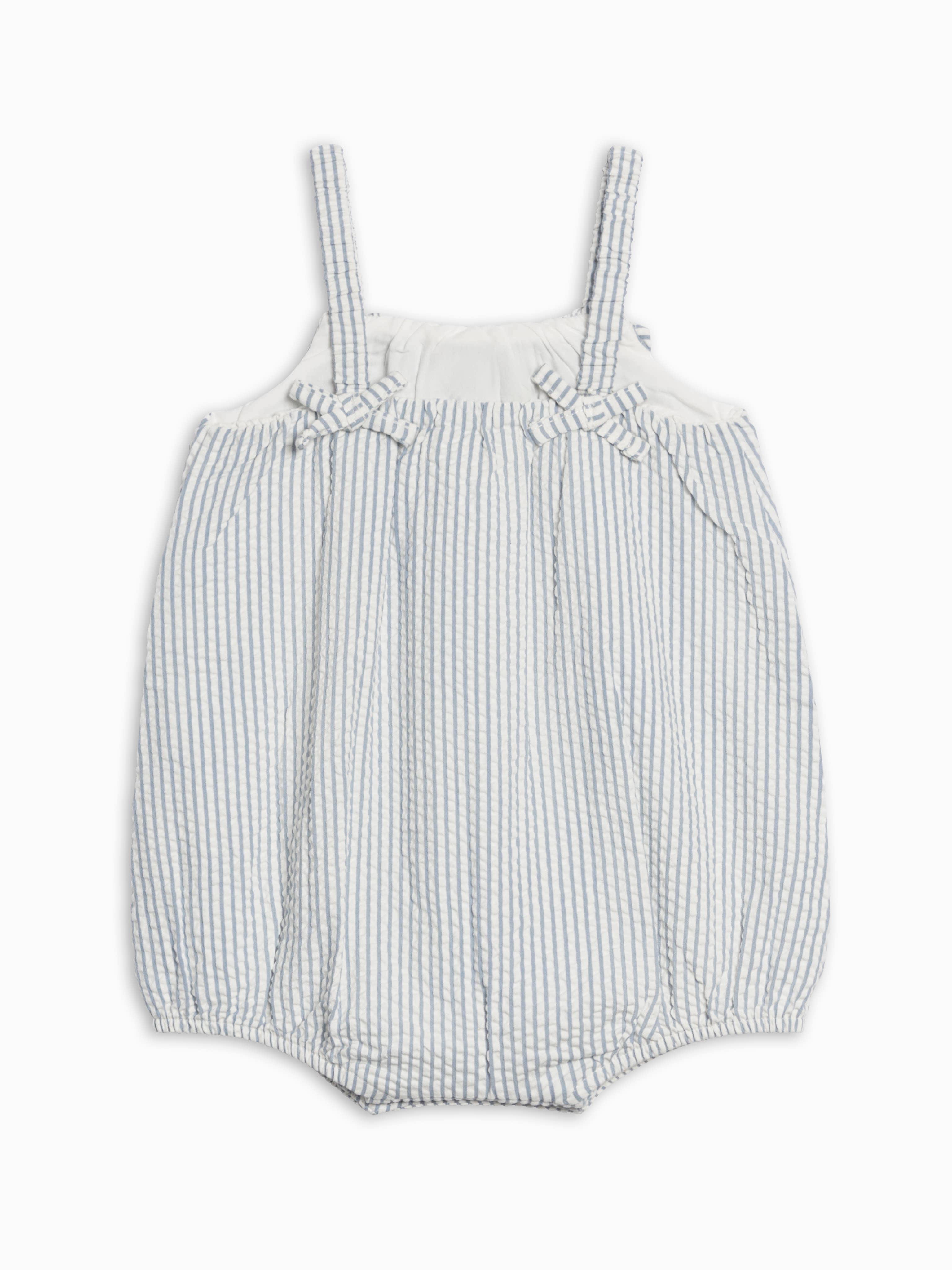 Rosalie Seersucker Ruffle Bubble Romper - Shore Stripe / Sea