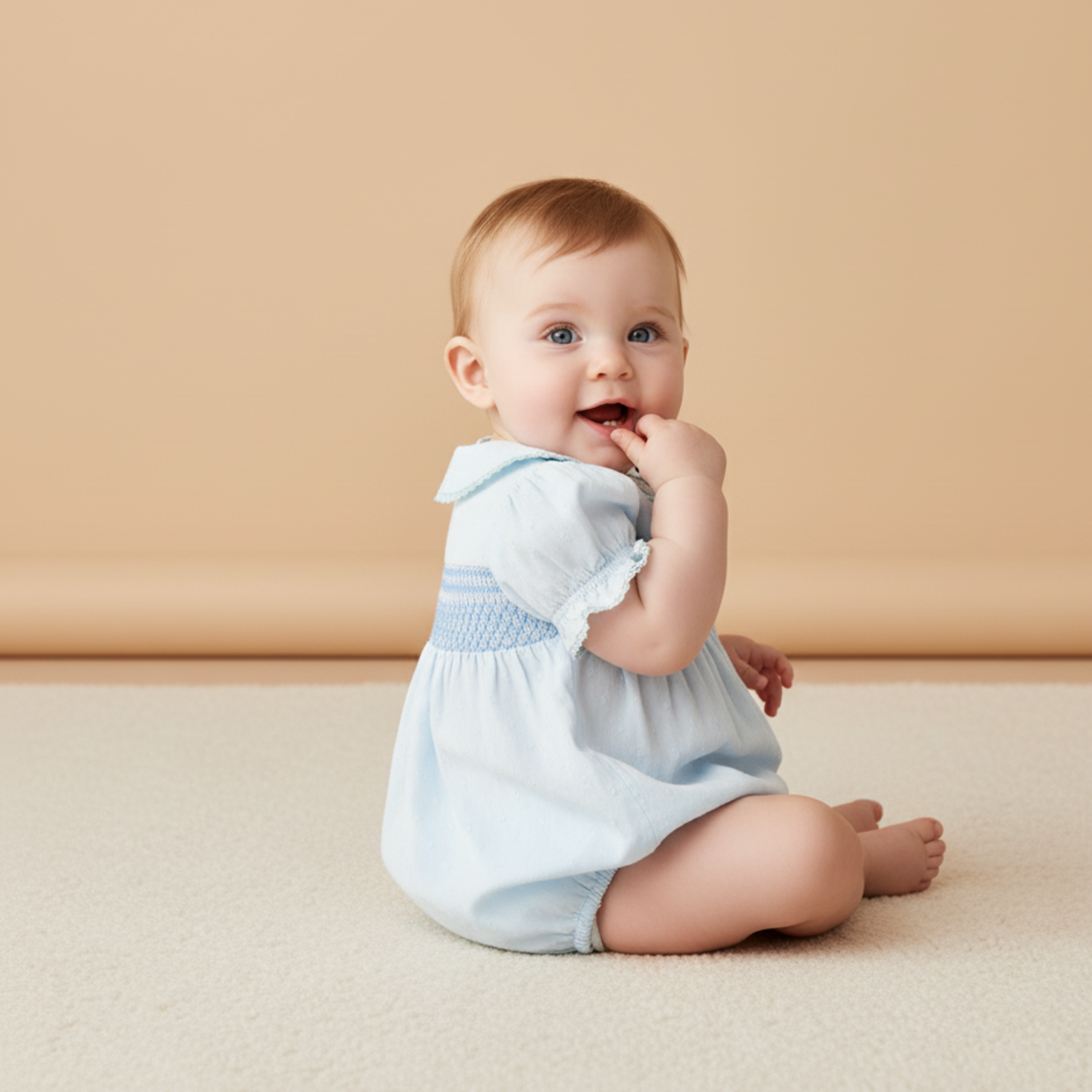 Organic Smocked Button Romper - Light Blue
