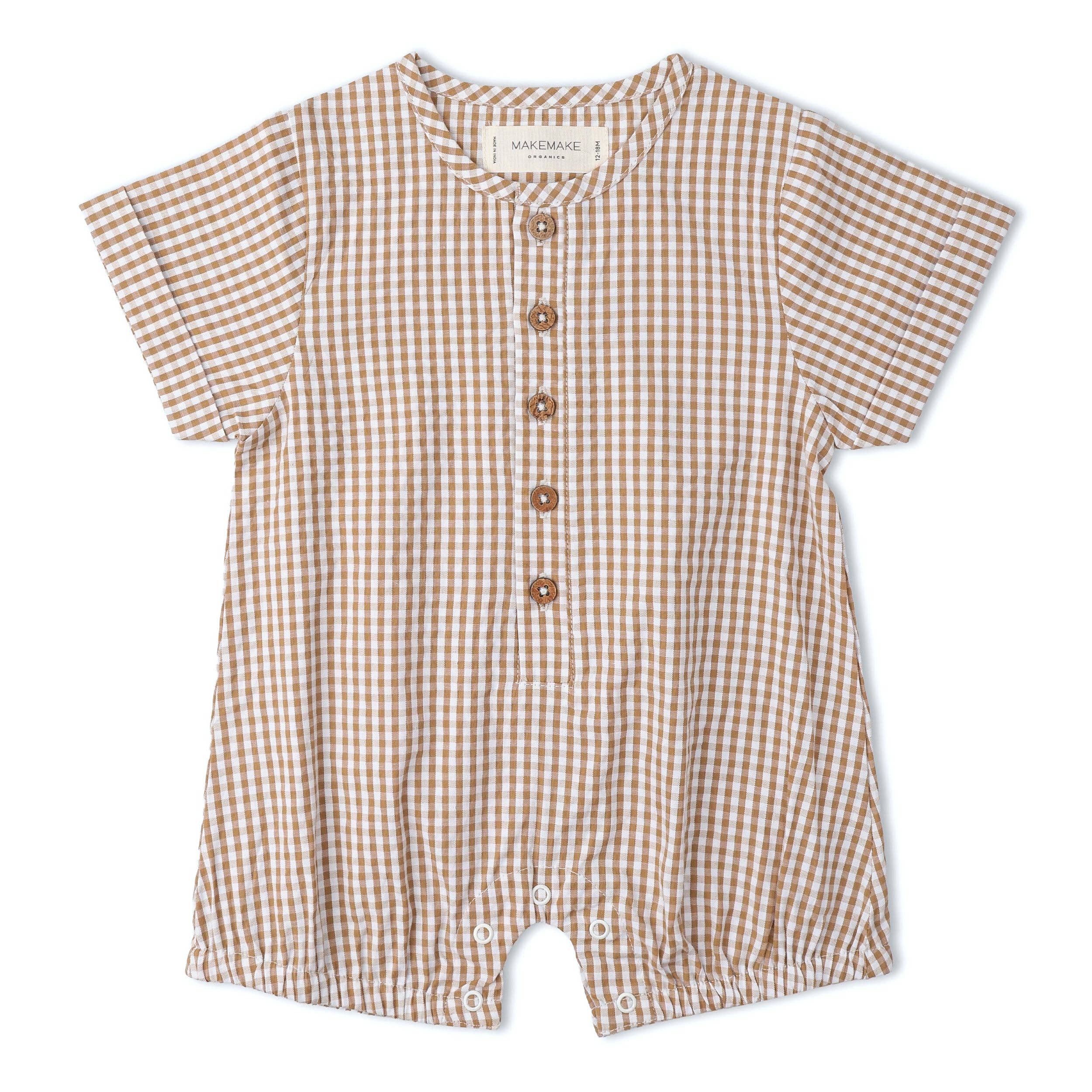Organic Short Bubble Romper - Caramel Check