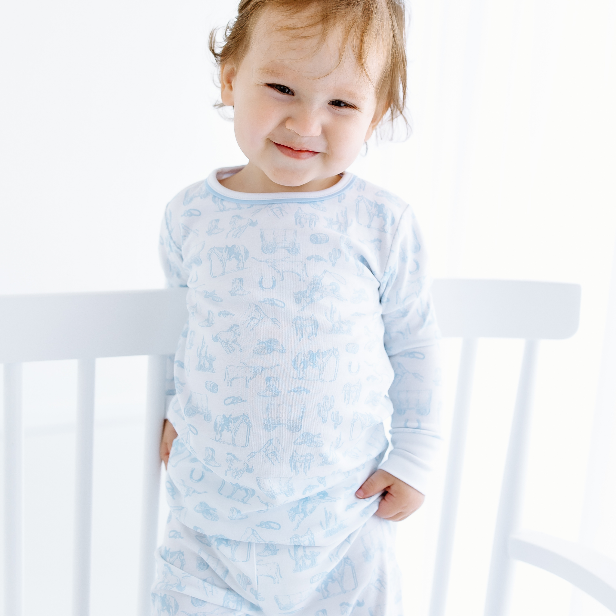 Wild West Toile Long Pajamas - Light Blue
