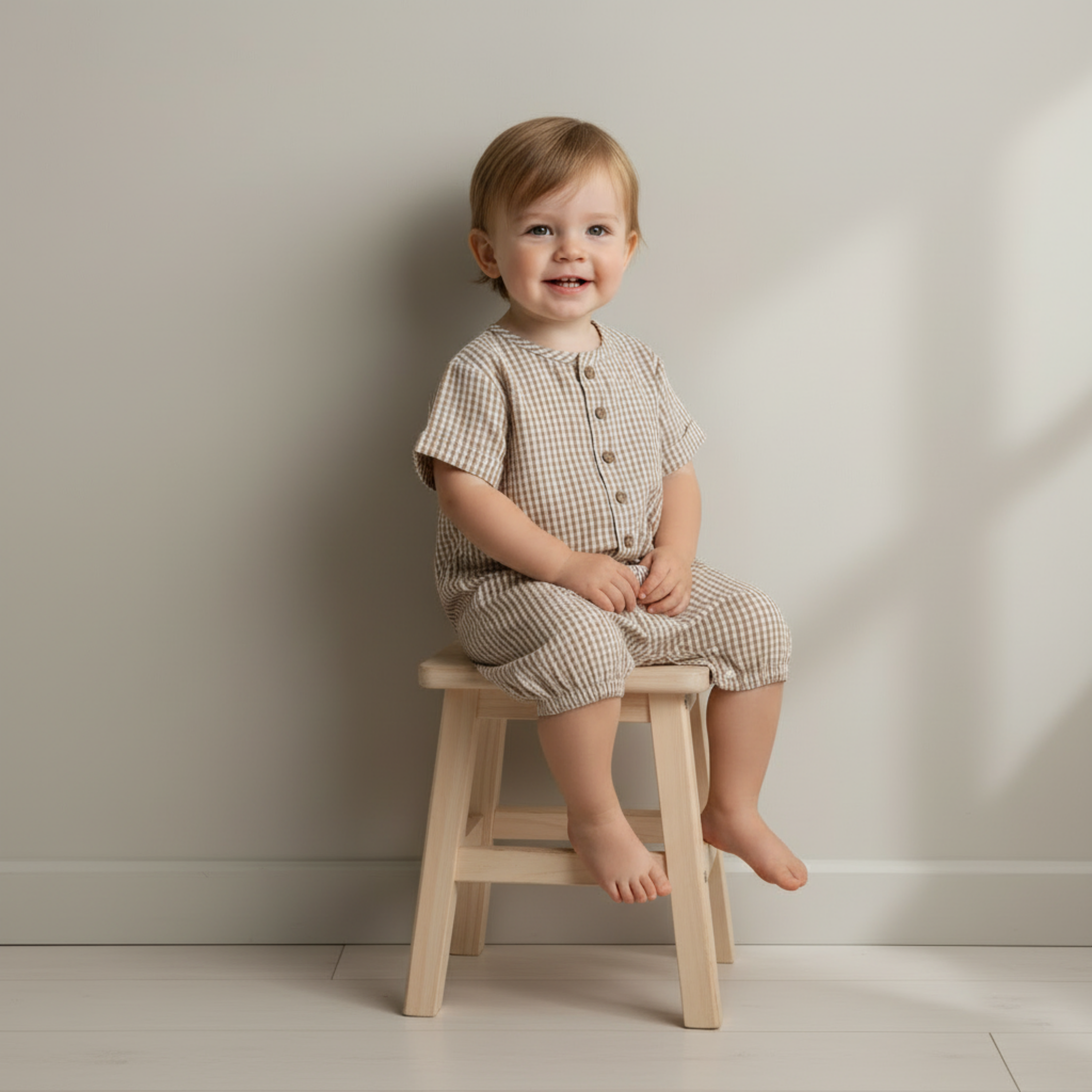 Organic Short Bubble Romper - Caramel Check