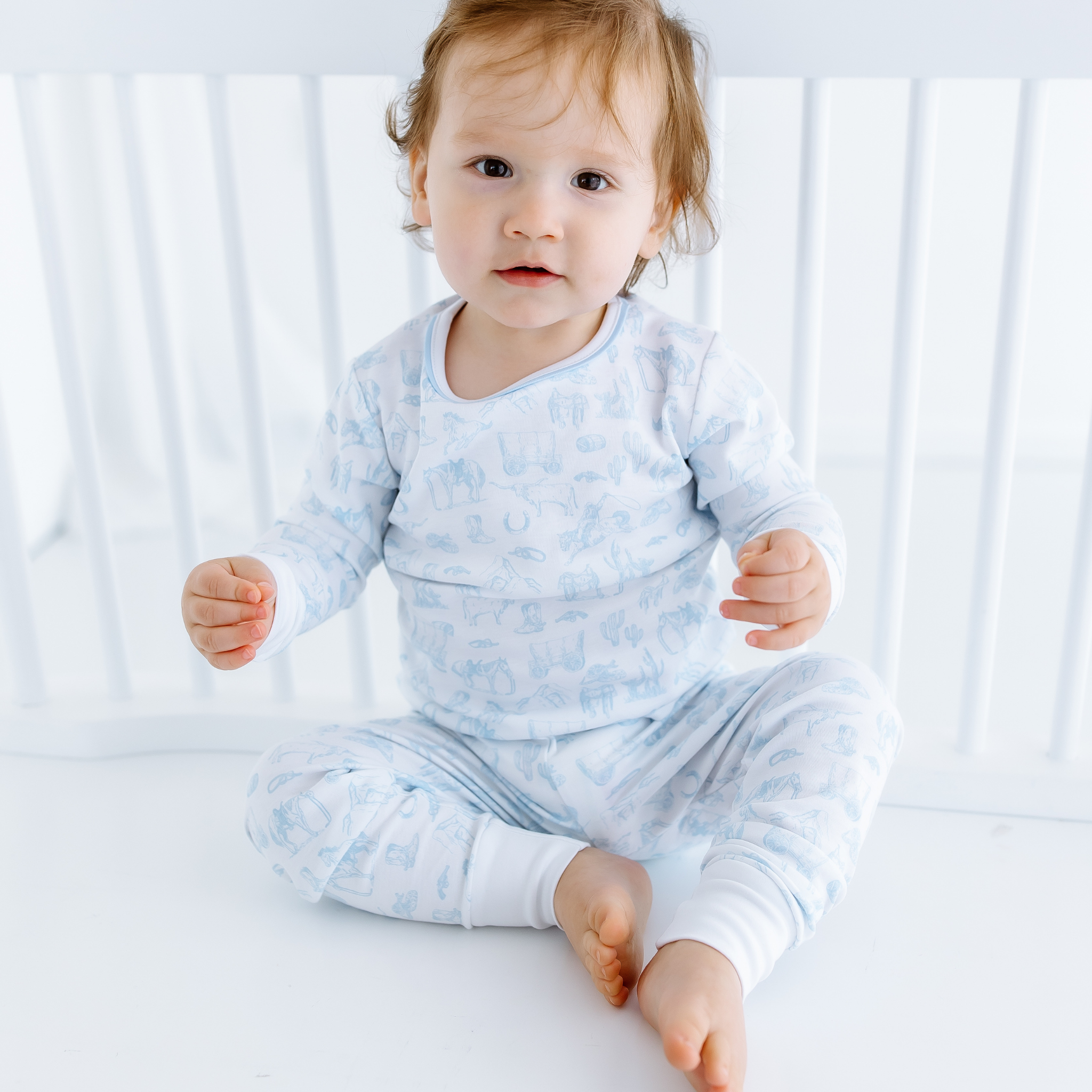 Wild West Toile Long Pajamas - Light Blue