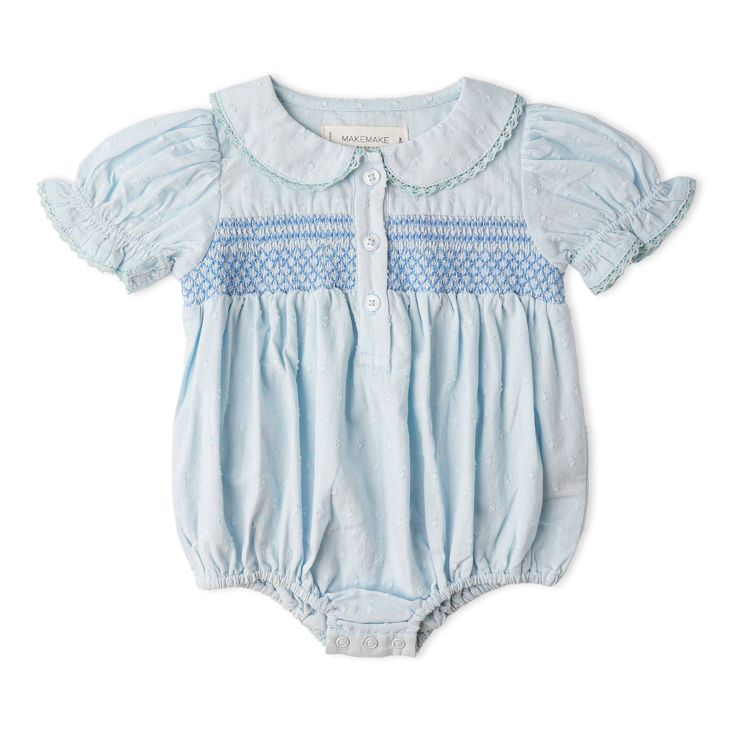 Organic Smocked Button Romper - Light Blue